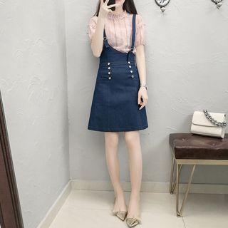 Set: Frill Trim Short-sleeve Chiffon Top + Suspender Denim Skirt