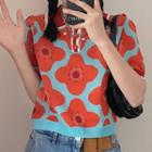Short-sleeve Flower Print Knit Top Orange Floral - Aqua Green - One Size