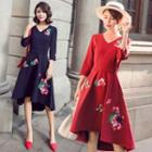 Long-sleeve Flower Embroidered A-line Dress