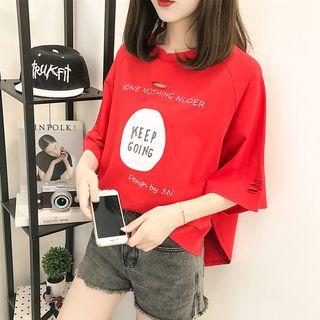 Lettering Distressed Flared-sleeve T-shirt