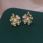 Clover Checker Rhinestone Faux Pearl Alloy Earring 1 Pair - Green & White Check - Gold - One Size
