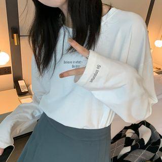 Long-sleeve Round-neck Plain Slit Top