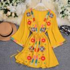 Embroidered Tie-waist Mini A-line Dress