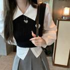 Mock Two-piece Knit Panel Shirt / Mini Pleated Skirt