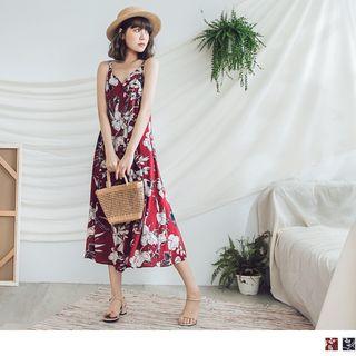 Spaghetti-strap Floral Print Buttoned Dress