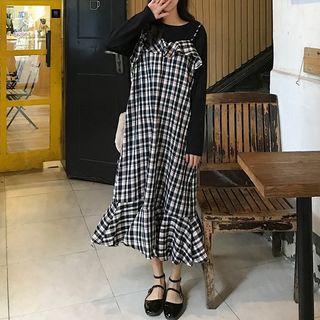 Mock Two-piece Long-sleeve Midi Plaid Dress