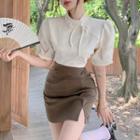 Puff-sleeve Bow Detail Blouse / Side-slit Mini Pencil Skirt