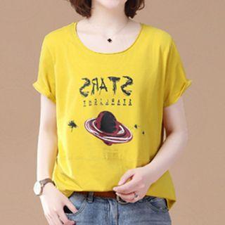 Short-sleeve Planet Printed Letter T-shirt