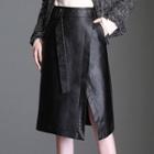 Side-slit Faux Leather Straight-fit Skirt