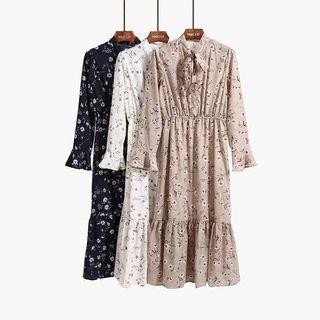 Tie-neckline Floral Chiffon Dress