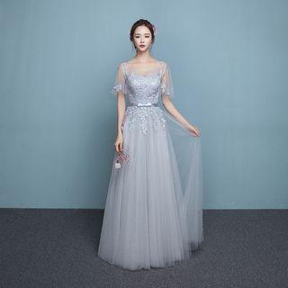 Cape-sleeve Lace Evening Gown