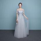 Cape-sleeve Lace Evening Gown