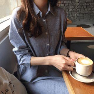 Pocket-front Stripe Shirtdress With Sash