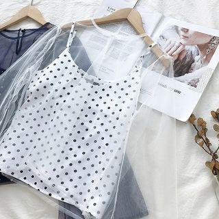 Set: Polka Dot V-neck Spaghetti-strap Tank Top + Mesh Long-sleeve Top