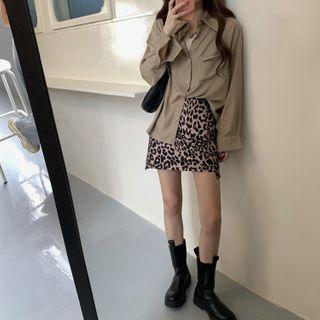 Long-sleeve Shirt / Leopard Print Mini A-line Skirt