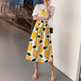 Set: Lemon Print Short-sleeve T-shirt + High-waist Midi A-line Skirt