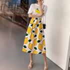 Set: Lemon Print Short-sleeve T-shirt + High-waist Midi A-line Skirt