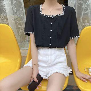 Square-neck Floral Embroidered Trim Short-sleeve Blouse