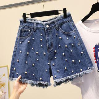 Faux Pearl Frayed Hem Wide-leg Denim Shorts