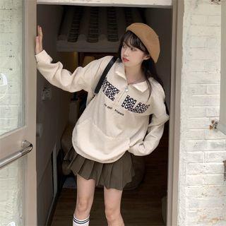 Letter Embroidered Half-zip Sweatshirt Almond - One Size