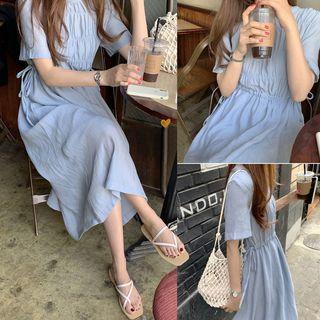 Ruched Short-sleeve Drawstring Dress Blue - One Size