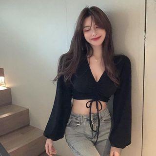 Long-sleeve Drawstring T-shirt Black - One Size