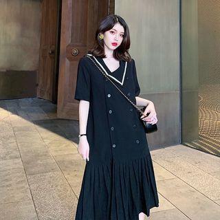 Short-sleeve Double Breasted Sailor-collar Midi Dress