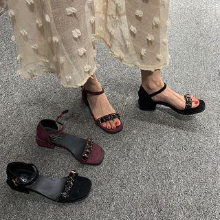 Ankle Strap Block-heel Rhinestone Sandals