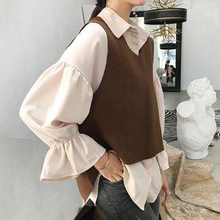 Set: Balloon-sleeve Blouse + Cropped Vest