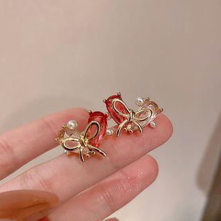 Heart Bow Rhinestone Faux Pearl Alloy Earring 1 Pair - Earrings - Silver Pin - Love Heart - Pink - One Size