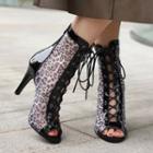 Leopard Print Lace Up Short Stiletto Boots