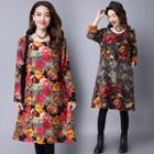 Floral Print Long-sleeve Fleece-lined Dress
