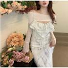 Set: Long-sleeve Shawl + Tie-dyed Midi Spaghetti Strap Dress