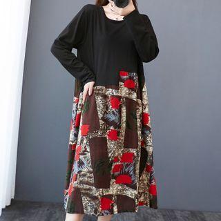 Long-sleeve Printed Panel A-line Dress As Shown In Figure - One Size