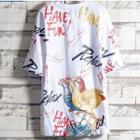Lettering Chicken Print Elbow-sleeve T-shirt