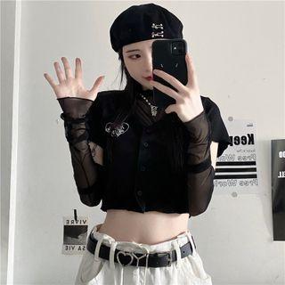 Short-sleeve Lettering Cropped T-shirt / Long-sleeve Cold-shoulder Mesh Top