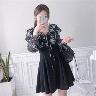Floral Print Chiffon-panel A-line Dress