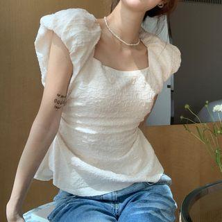 Cap-sleeve Plain Blouse Almond - One Size
