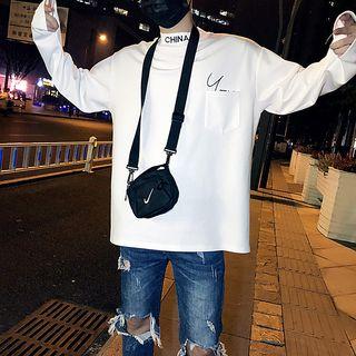 Long-sleeve Mock Neck Lettering Embroidered Sweatshirt