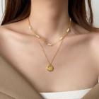 Set : Disc Pendant Necklace + Faux Pearl Necklace Gold - One Size