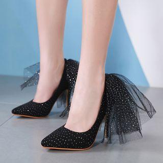 Pointy Toe Mesh Panel Rhinestone High Heel Pumps