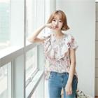 Laced Ruffle-trim Floral Print Top