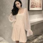 Bell-sleeve Sequined Layered Mesh A-line Dress