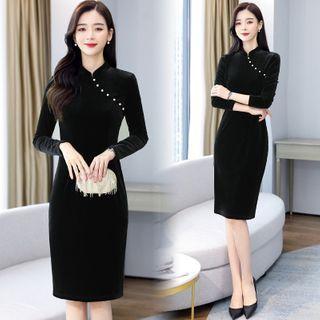 3/4-sleeve Mandarin Collar Midi Sheath Dress