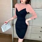 Mock Two-piece Long-sleeve Mock-neck Mini Bodycon Dress