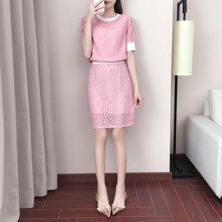 Set: Short-sleeve Lace Top + Fitted Skirt