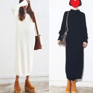 Plain Mock Neck Knit Midi Dress