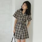 Short-sleeve Double-breasted Plaid Romper
