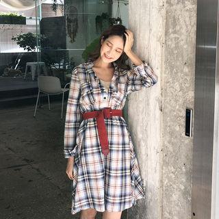 Half-placket Plaid A-line Dress With Belt Red - One Size
