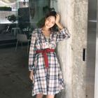 Half-placket Plaid A-line Dress With Belt Red - One Size